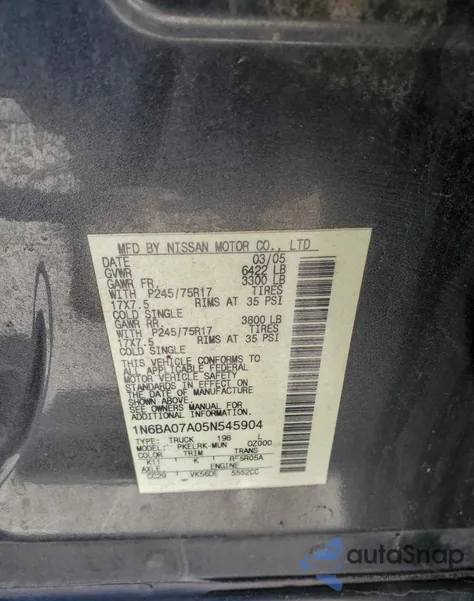 2005 Nissan Titan Xe из США, поврежденный, VIN 1N6BA07A05N545904